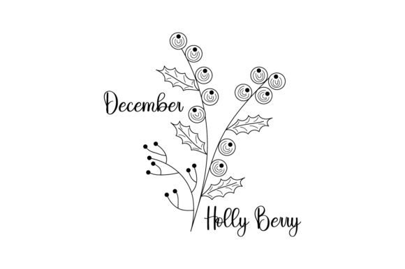 Birth Month Flowers - December - Holly Berry - Line Art - Embroidery